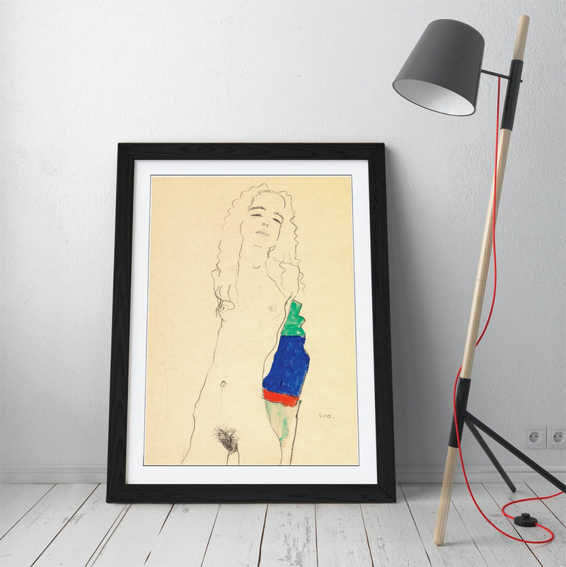 Framed Art Poster - Egon Schiele Female Nude Artwork | Handmade Woodgrain Frame