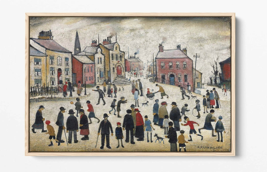 LS LOWRY, PEOPLE STANDING ABOUT -FLOAT EFFECT CANVAS WALL ART PIC PRINT- BEIGE