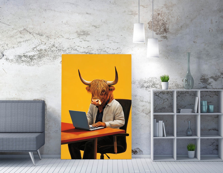 Canvas Wall Art - Anthropomorphic Highland Cow With Laptop | Handmade Print