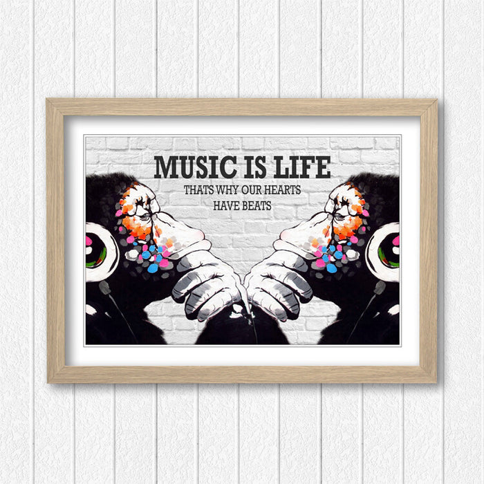 MONKEY DJ BANKSY STYLE MUSIC IS LIFE STREET FRAMED ART PRINT ARTWORK 4 SIZES MM