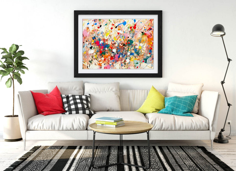 Framed Wall Art - Colorful Pollock Style Abstract Poster Print With Woodgrain Frame