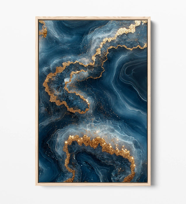 Canvas Wall Art - Gold Blue Abstract Sea Water Print With Float Effect Frame