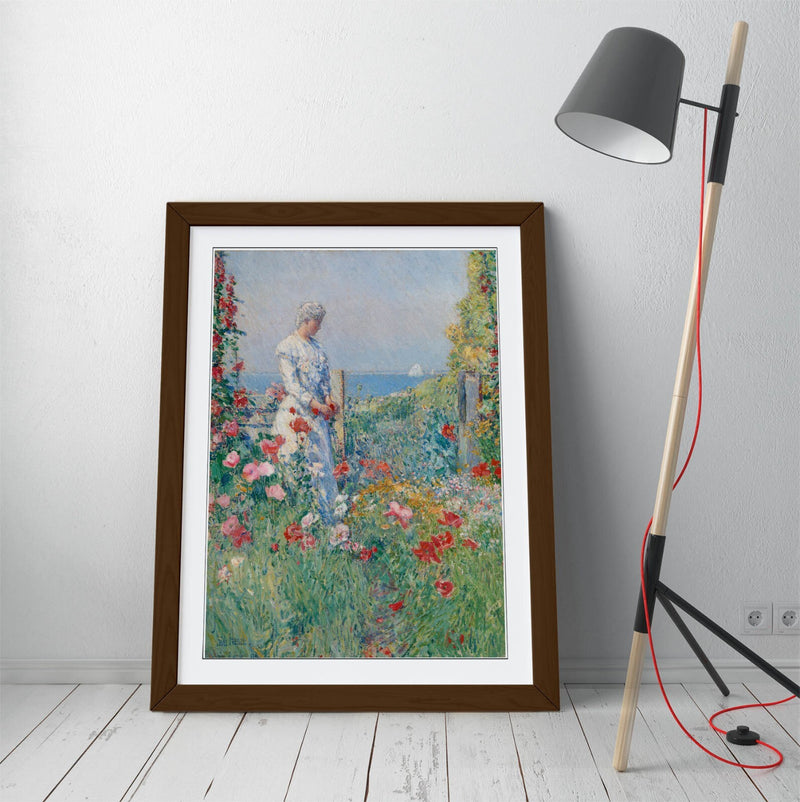 Framed Wall Art - Childe Hassam Garden Art Print With Woodgrain Frame Finish