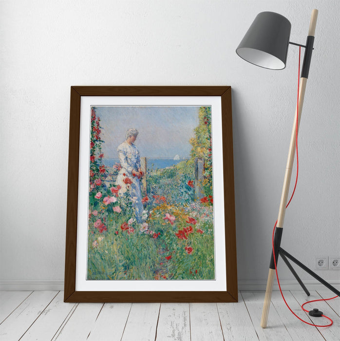 Framed Wall Art - Childe Hassam Garden Art Print With Woodgrain Frame Finish