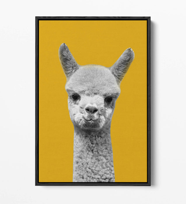HAPPY ALPACA BLACK WHITE YELLOW MUSTARD FLOAT EFFECT CANVAS WALL ART PIC PRINT