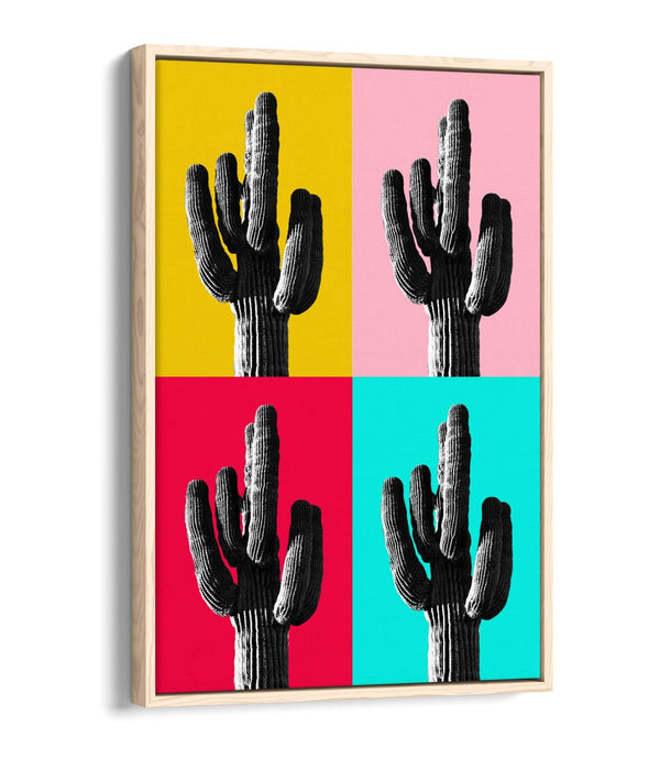 TRENDY B&W CACTUS POP ART MULTI-COLOURED -FLOAT EFFECT CANVAS WALL ART PRINT