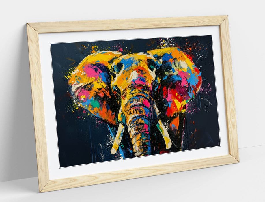 Framed Wall Art - Multi Colour Abstract Elephant Print With Wood Grain Frame