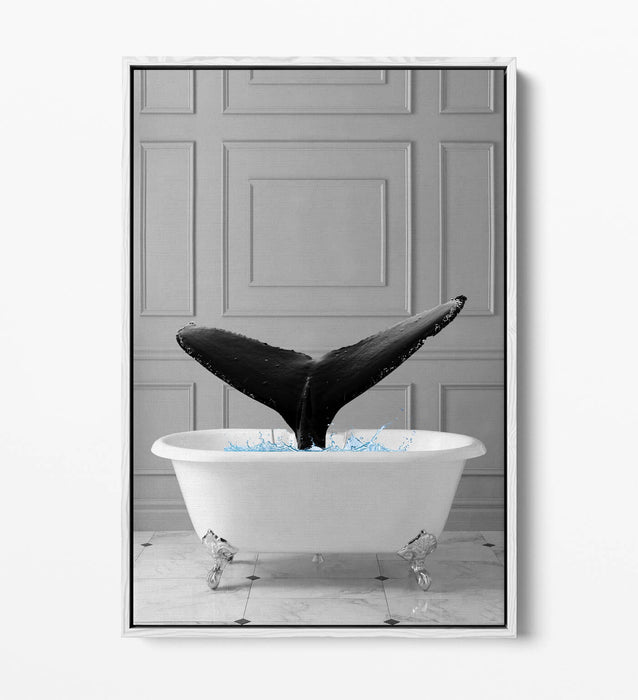 WHALE IN BATHTUB -QUIRKY BATHROOM FLOAT EFFECT CANVAS WALL ART PIC PRINT