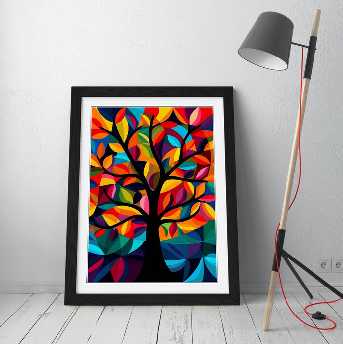 Framed Wall Art - Multi Colour Abstract Tree Print With Woodgrain Frame