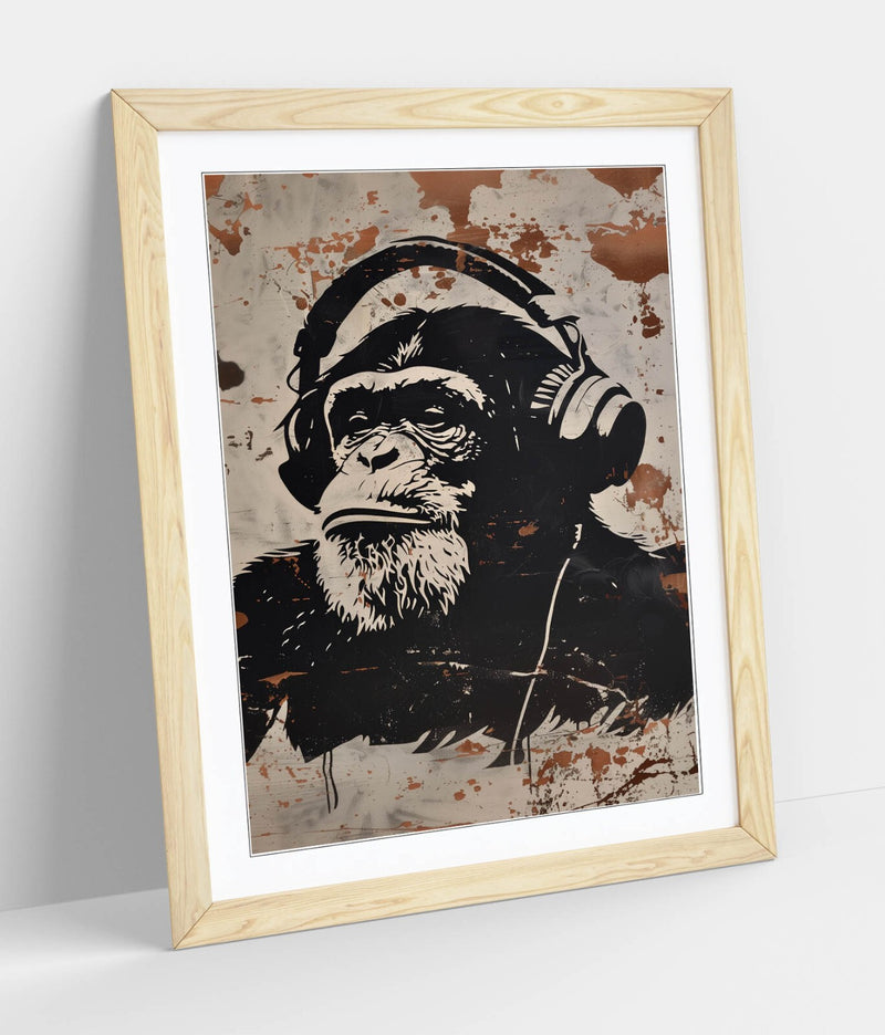 Framed Wall Art Poster – Ape Wearing Headphones Stencil Graffiti Print 4 Sizes