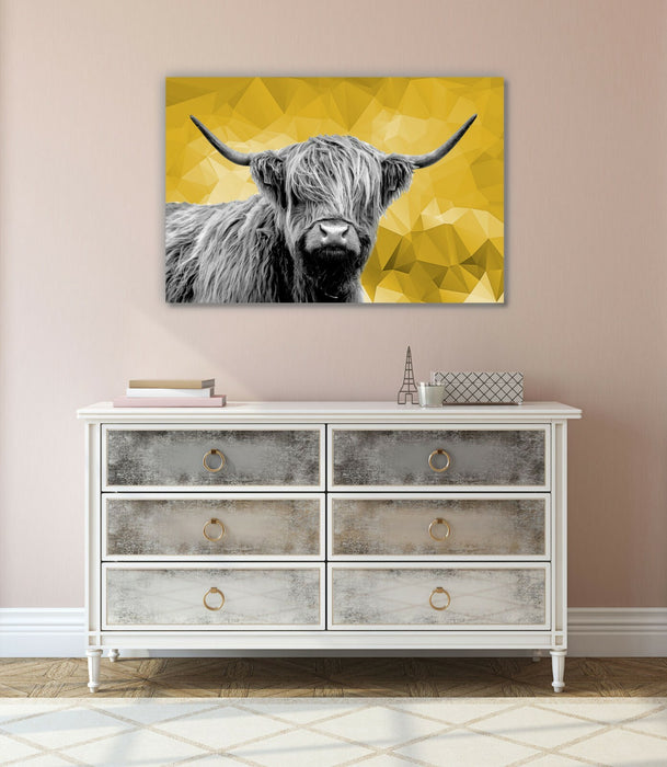 Highland Cow Canvas Art – Black White Canvas Wall Art With Yellow Geo Artwork