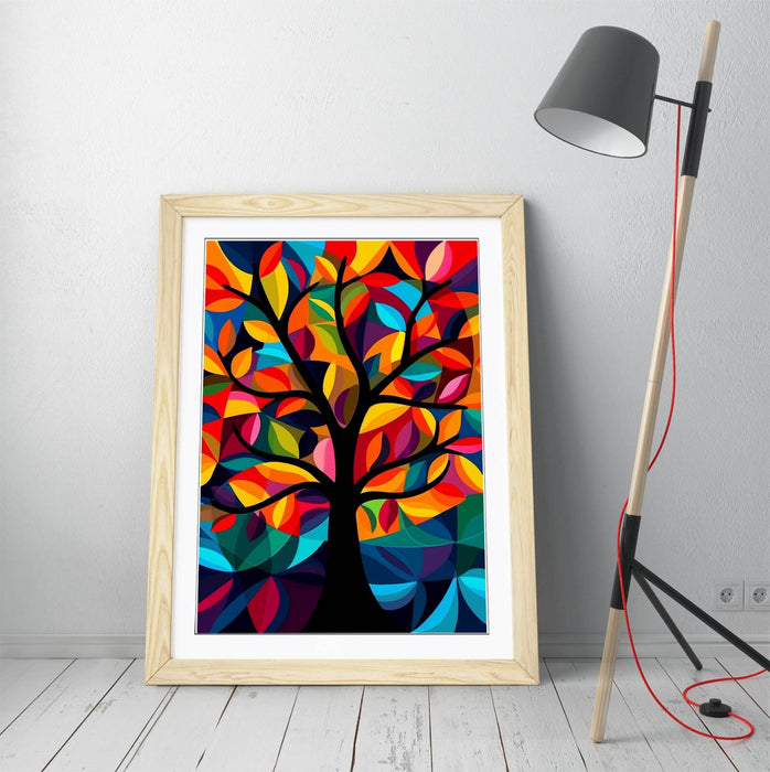 Framed Wall Art - Multi Colour Abstract Tree Print With Woodgrain Frame