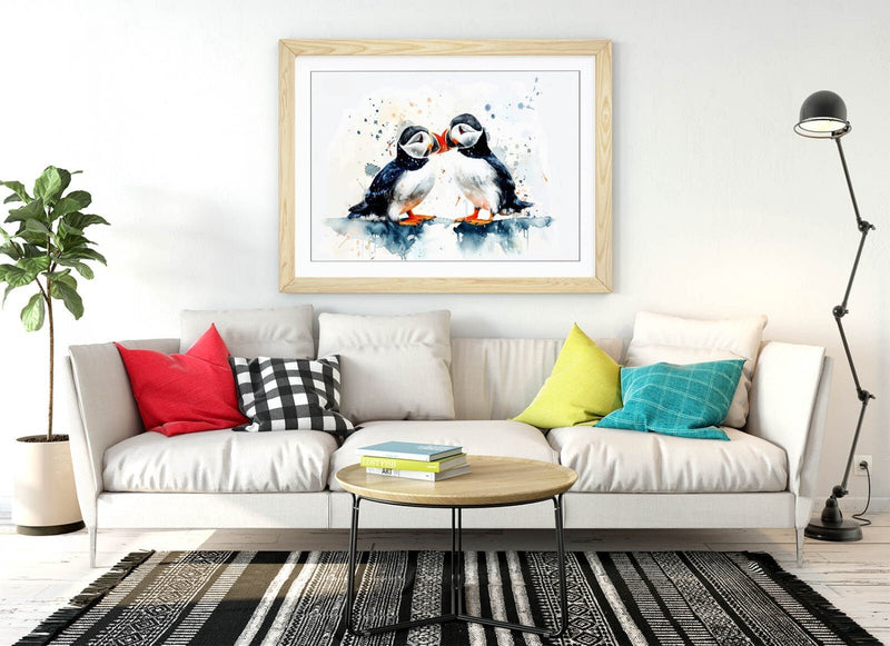 Puffins Wall Art – Framed Bird Poster | Cute Animal Print Home Decor
