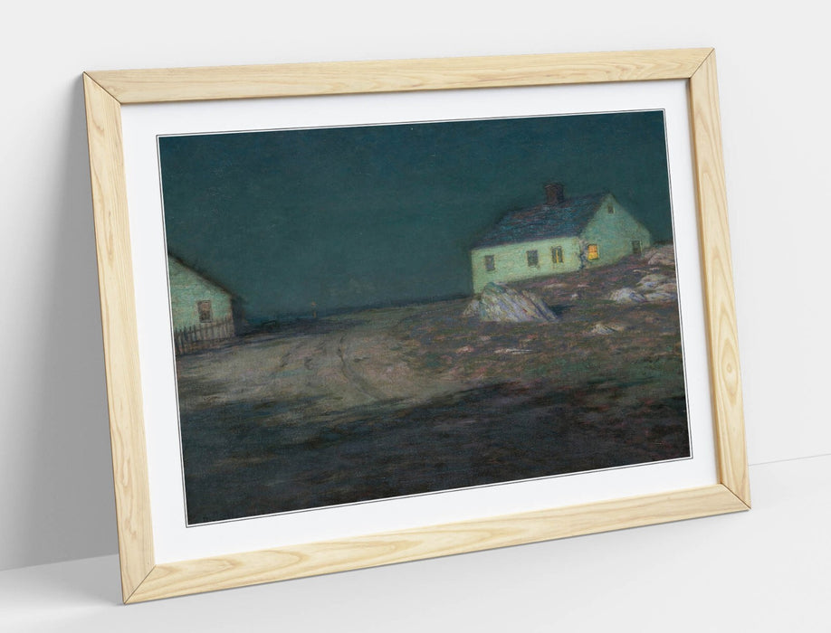 Framed Art Poster – Harbor Light Painting on Matte Paper Print with Natural Wood Frame