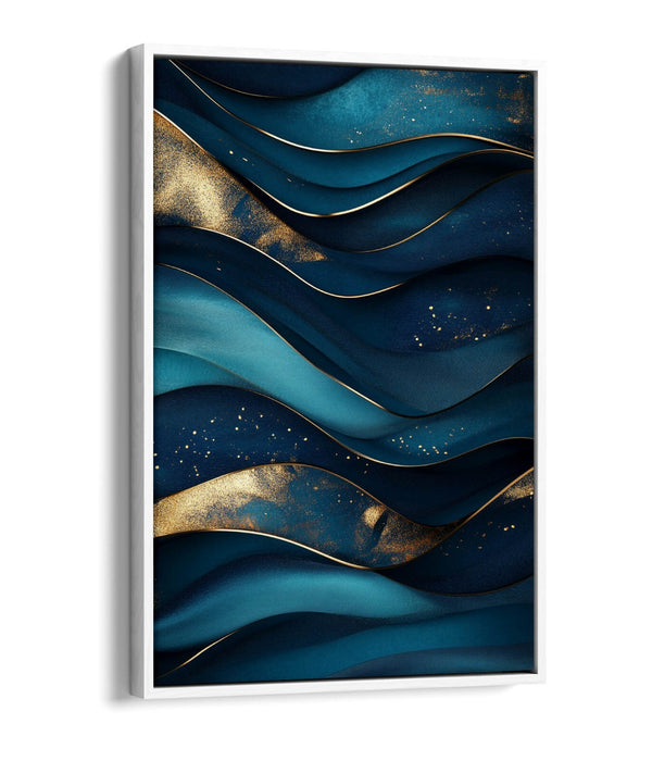Canvas Wall Art - Blue Gold Wavy Pattern Abstract Print | Float Effect, Ready To Hang