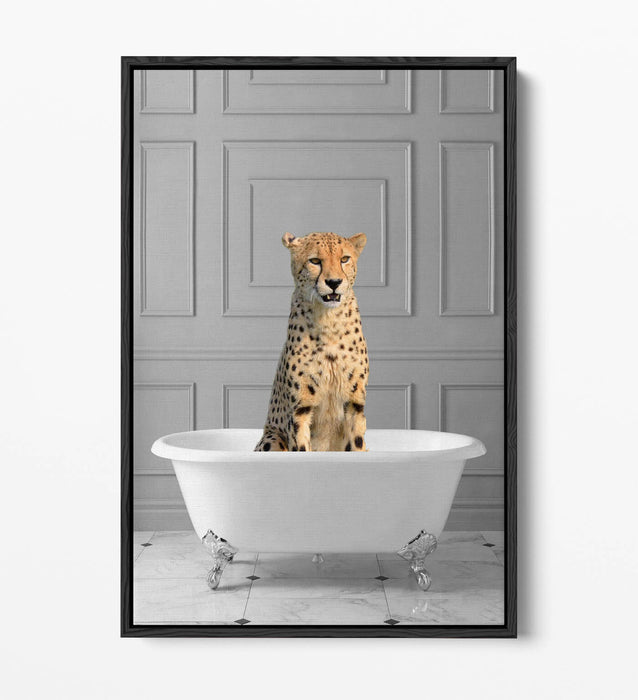 CHEETAH IN BATHTUB -QUIRKY BATHROOM FLOAT EFFECT CANVAS WALL ART PIC PRINT