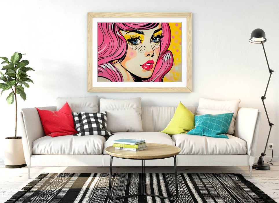 Framed Wall Art - Retro Comic Style Woman Portrait Poster Print With Faux Wood Frame