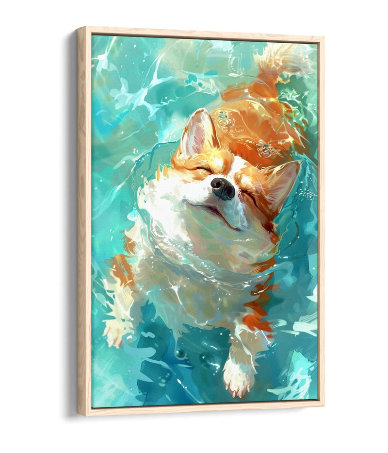 Corgi Canvas Art – Cute Smiling Dog Wall Decor with Water Float Effect Frame