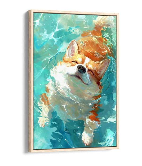 Corgi Canvas Art – Cute Smiling Dog Wall Decor with Water Float Effect Frame