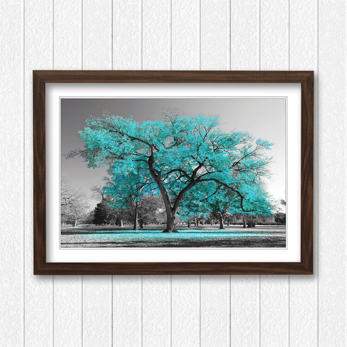 Turquoise Tree Wall Art - Large Framed Picture Print with Teal Leaves Poster