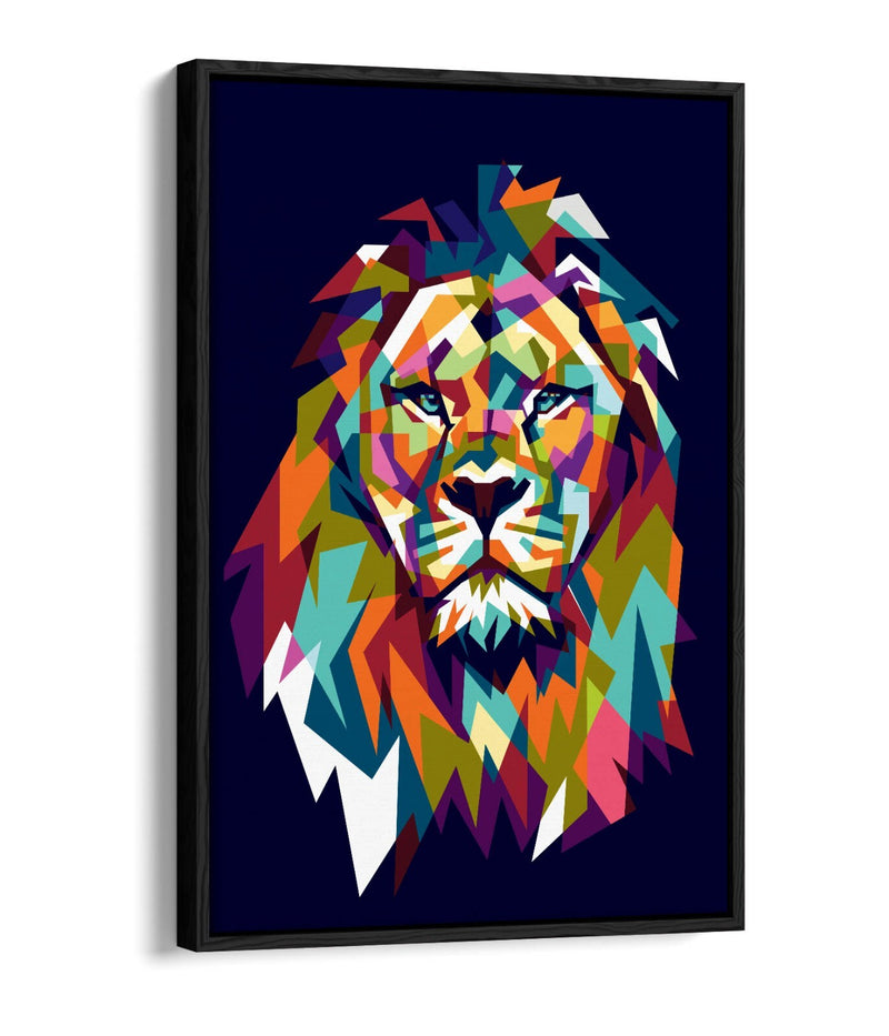 Lion Head Canvas Art - Multi Colour Geometric Wall Decor With Float Effect Frame