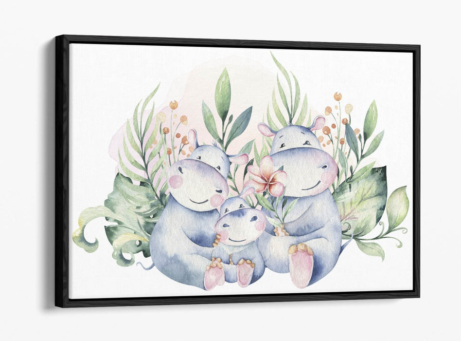 Watercolour Hippo Canvas - Cute Hippo Family Float Effect Canvas Wall Art