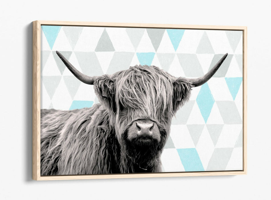HIGHLAND COW TURQOISE GEOMETRIC LIGHT -FLOAT EFFECT CANVAS WALL ART PIC PRINT