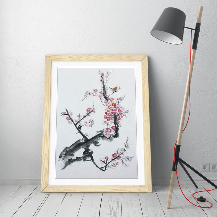 Framed Wall Art - Asian Tree Blossom Print With Woodgrain Frame Design