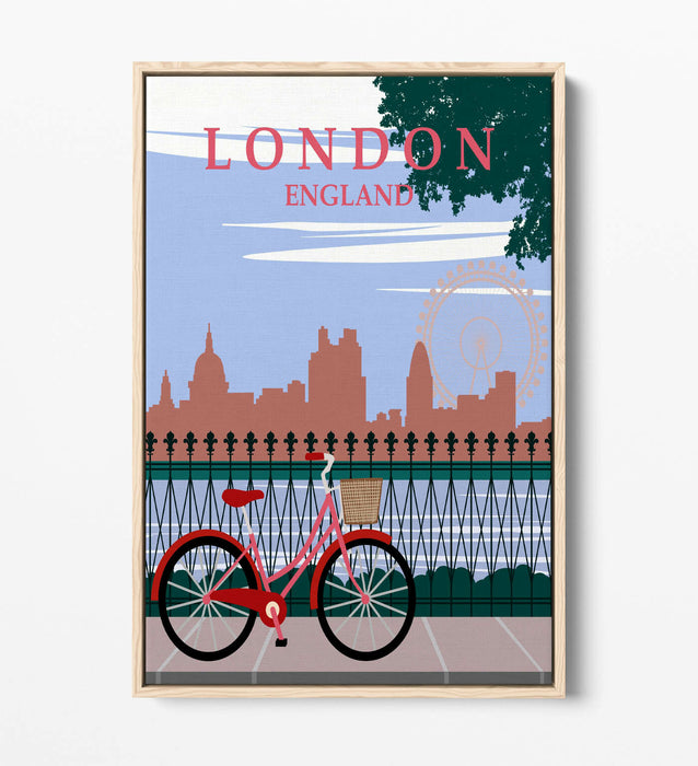 RETRO LONDON ENGLAND TRAVEL POSTER -FLOAT EFFECT CANVAS ART PRINT- PINK GREEN