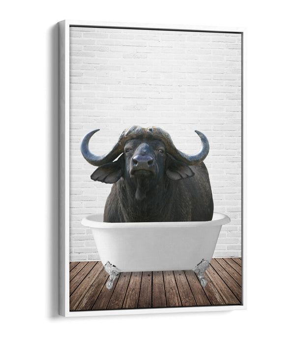 WATER BUFFALO IN BATHTUB -QUIRKY BATHROOM FLOAT EFFECT CANVAS WALL ART PRINT