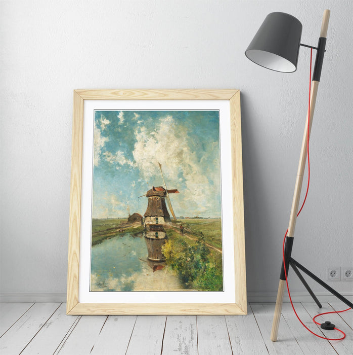 Framed Art Poster - Paul Gabriel Windmill On Polder Waterway, Matte Paper Print