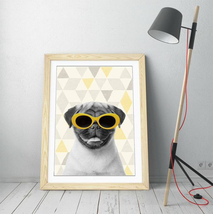 PUG SUNGLASSES YELLOW GREY -ART FRAMED POSTER PICTURE PRINT ARTWORK- WHITEBLUE