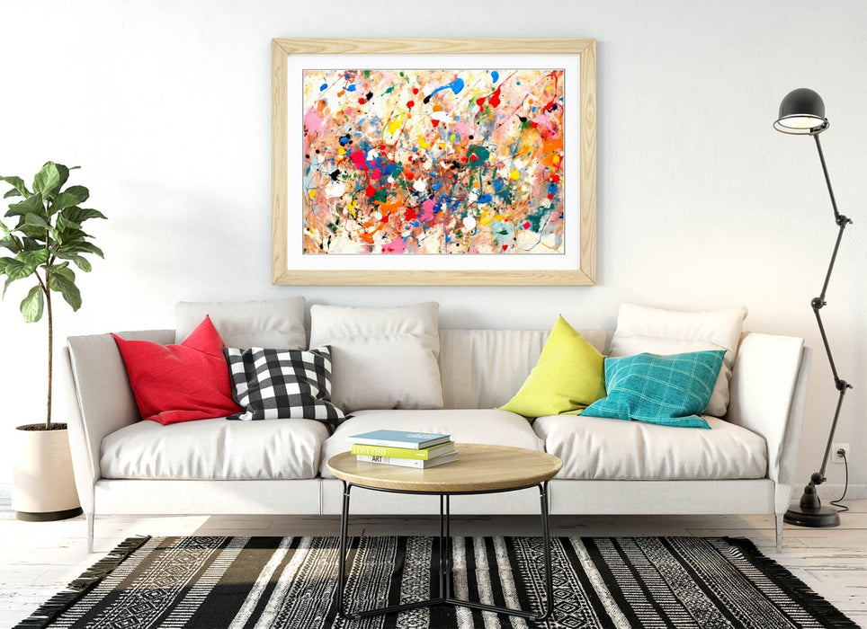 Framed Wall Art - Colorful Pollock Style Abstract Poster Print With Woodgrain Frame