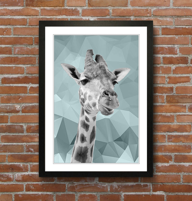 GIRAFFE BLACK AND WHITE DUCK EGG BLUE GEO FRAMED POSTER WALL ART PRINT ARTWORK