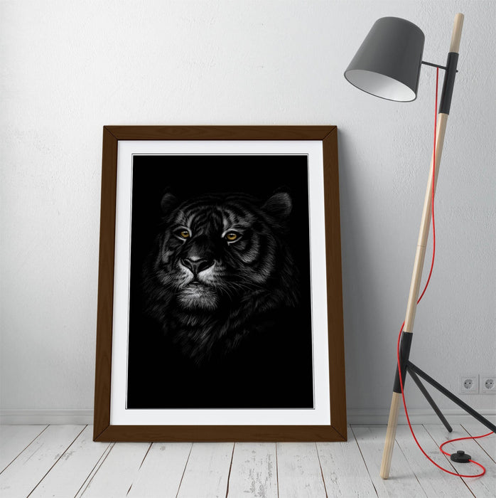 Tiger Head Wall Art – Handmade Framed Art Poster with Woodgrain Frame Design