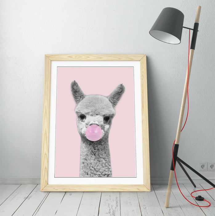 ALPACA BLACK WHITE BABY PINK BUBBLEGUM -FRAMED ART POSTER PICTURE PRINT ARTWORK