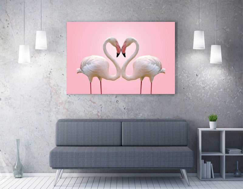 Flamingo Wall Art - Handmade Canvas Print With Love Heart Bedroom Decor