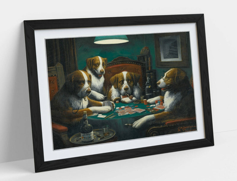 Dogs Playing Cards Art – Framed Poster Print With Wood Grain Frame & Matte Paper
