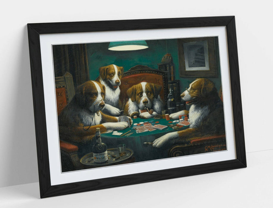 Dogs Playing Cards Art – Framed Poster Print With Wood Grain Frame & Matte Paper