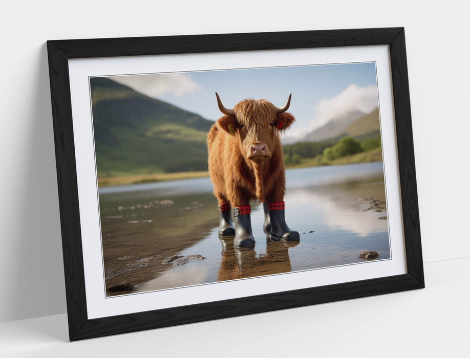 Highland Cow Wall Art - Framed Funny Animal Poster with Welly Boots Decor