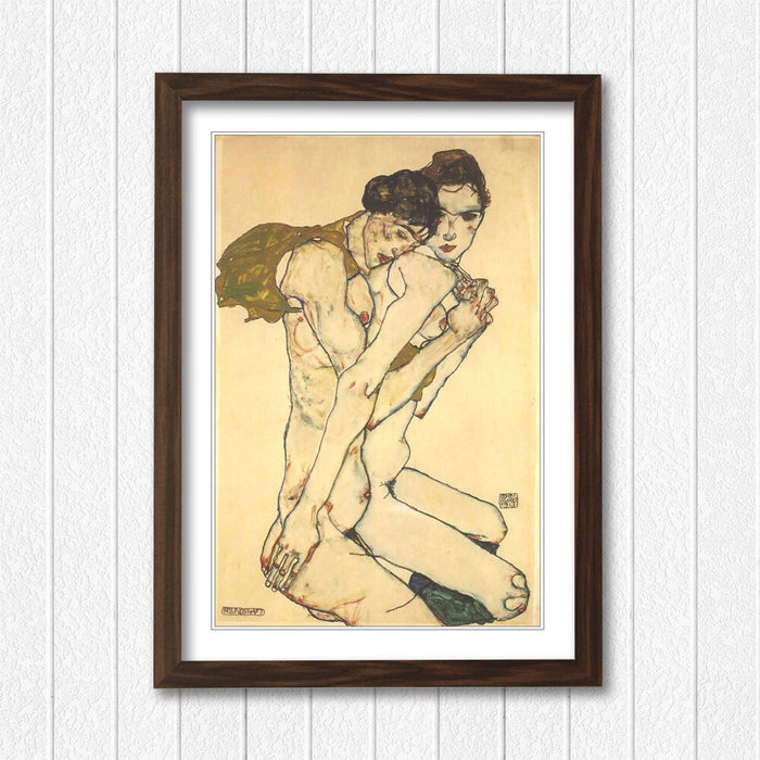 Framed Wall Art - Egon Schiele Friendship Art Print with Woodgrain Frame Design