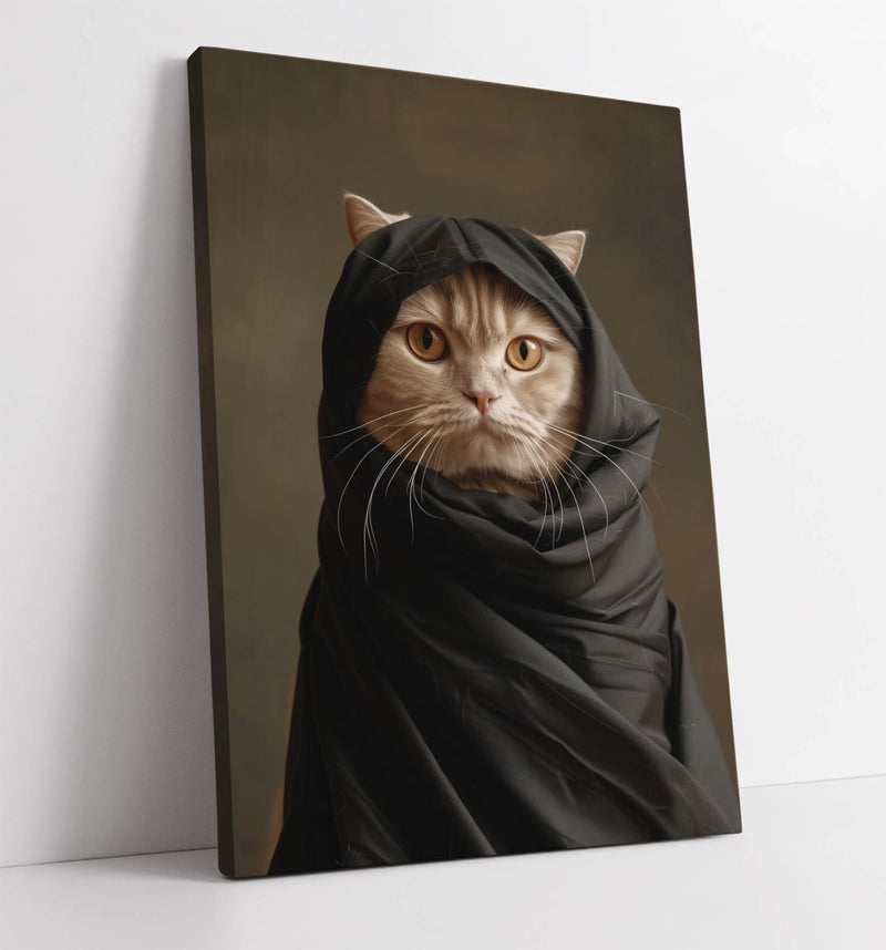 Canvas Wall Art - Cute Cat Artwork in Black Cloak | Contemporary Wall Decor Print