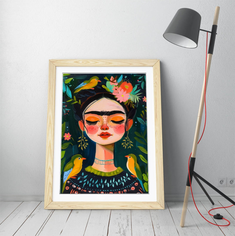 Frida Kahlo Wall Art – Cute Portrait Print With Jungle Wall Decor & Woodgrain Frame