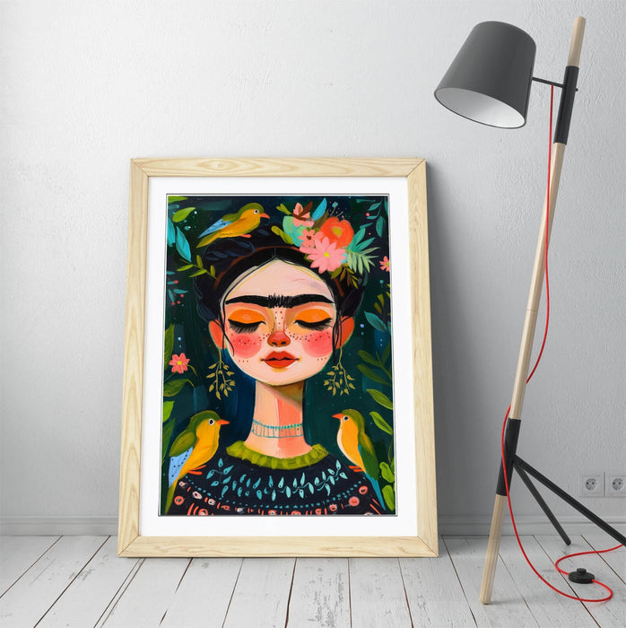 Frida Kahlo Wall Art – Cute Portrait Print With Jungle Wall Decor & Woodgrain Frame