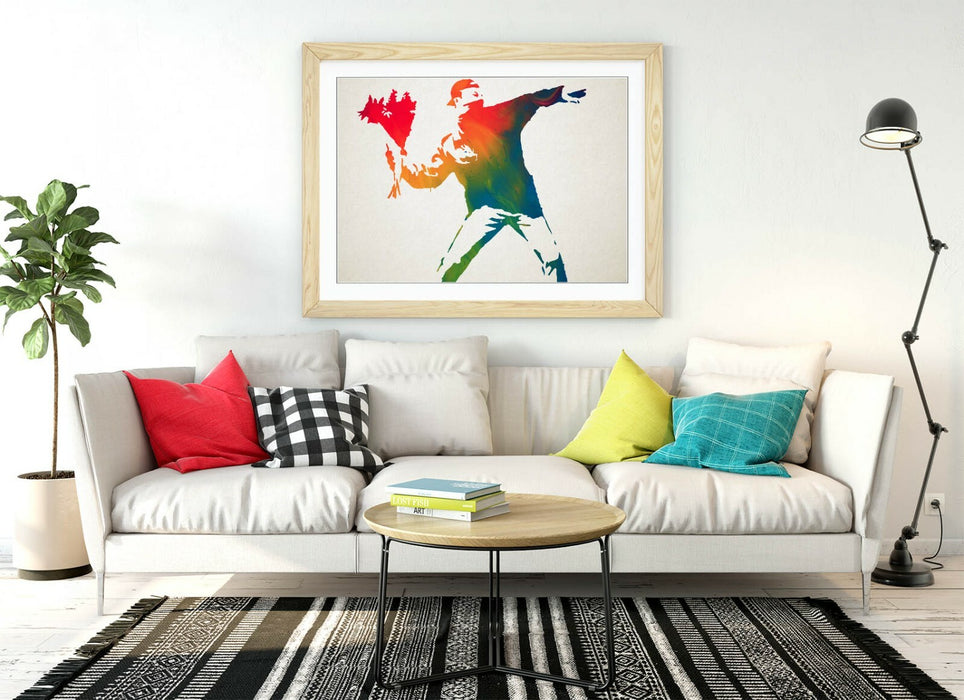 BANKSY, FLOWER THROWER RAINBOW -FRAMED WALL ART PICTURE PRINT
