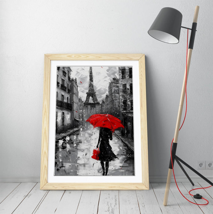 Red Umbrella Wall Art – Paris City Poster | Framed Black & White Decor Print