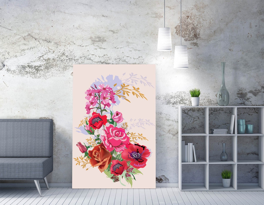 Canvas Wall Art – Pink Rose & Red Poppy Bouquet Floral Wall Decor Print