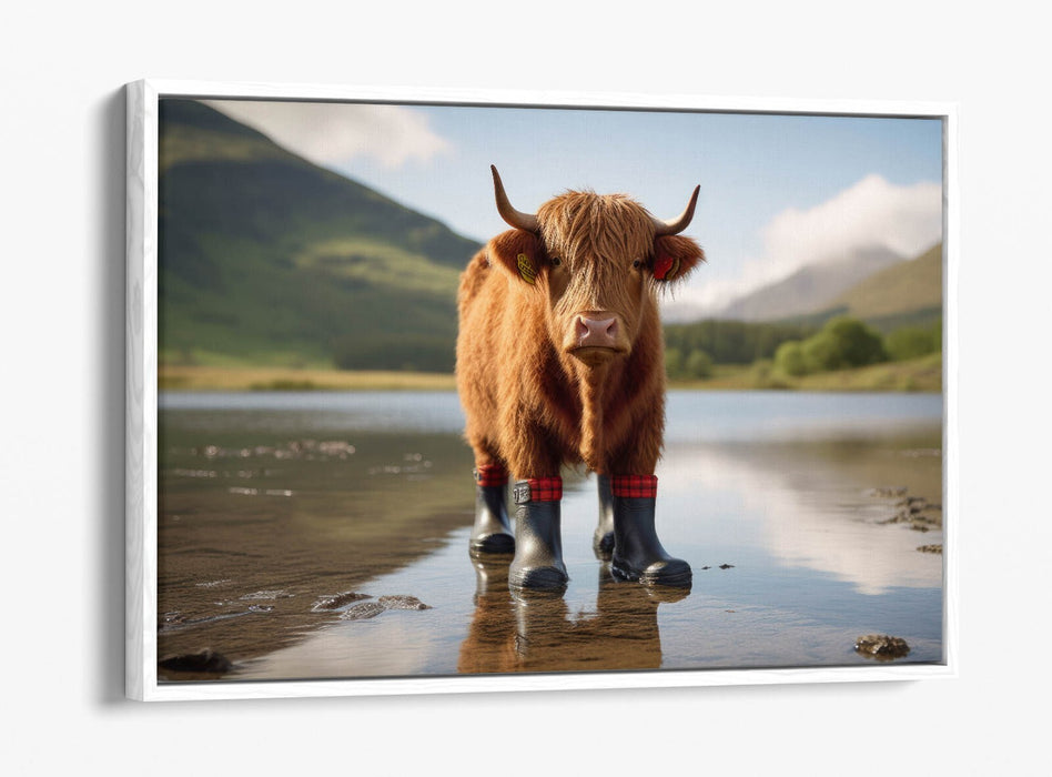 Canvas Wall Art - Funny Highland Cow Wearing Welly Boots | Float Effect Print