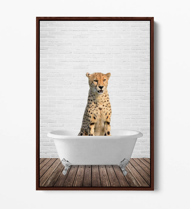 CHEETAH IN BATHTUB -QUIRKY BATHROOM FLOAT EFFECT CANVAS WALL ART PIC PRINT