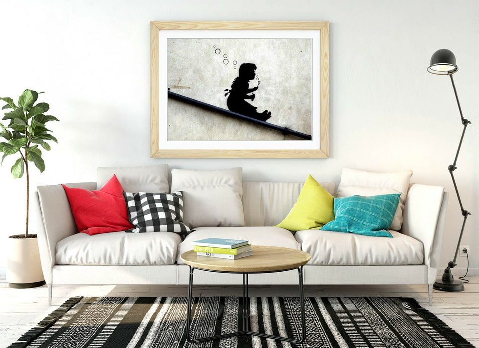 BANKSY GIRL SLIDE -ART FRAMED POSTER PICTURE PRINT ARTWORK- BLACK & WHITE